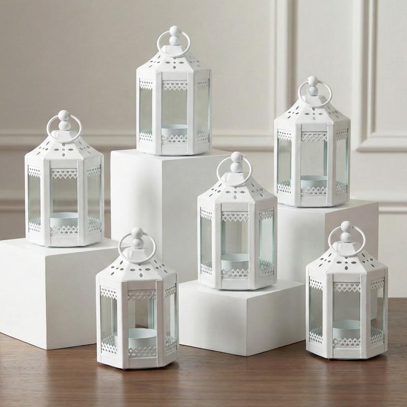 VELA LANTERNS 6pc Mini Small 4.5 Inch Metal Moroccan Lanterns Decorative Candle Tealight Holders for Centerpieces, Ramadan, Home Decor, Weddings, White - Image 1